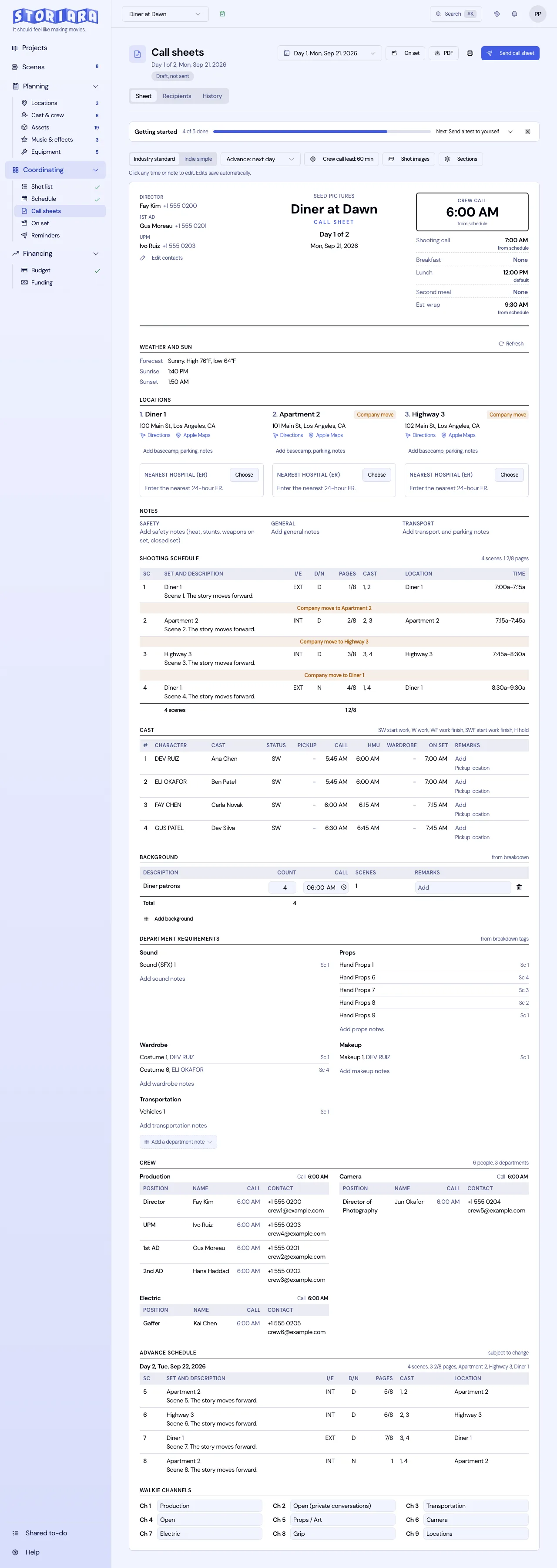 Feed the call sheet in Storiara