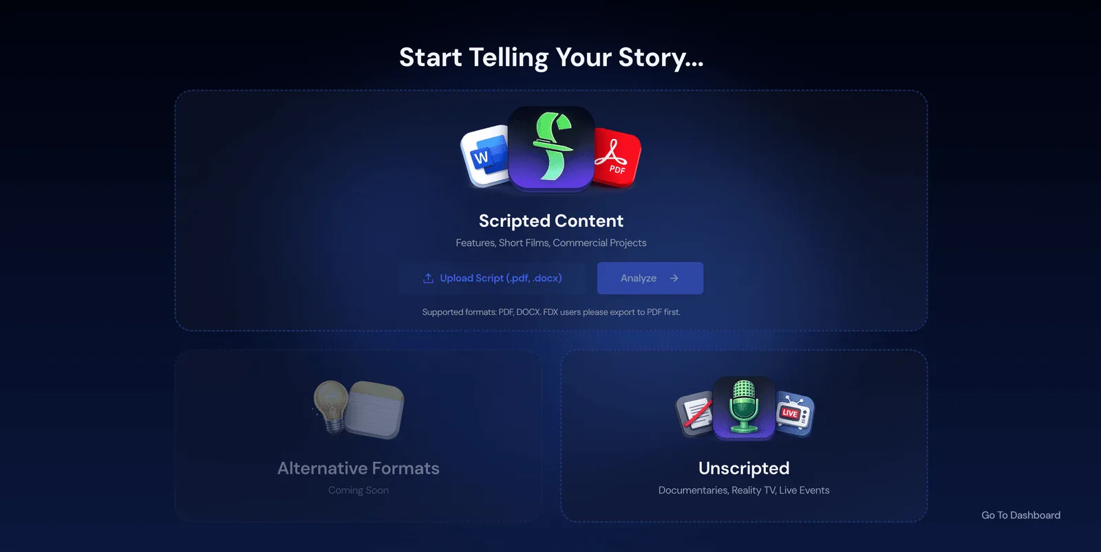 Screenshot: Uploading a script on the Start Telling Your Story screen