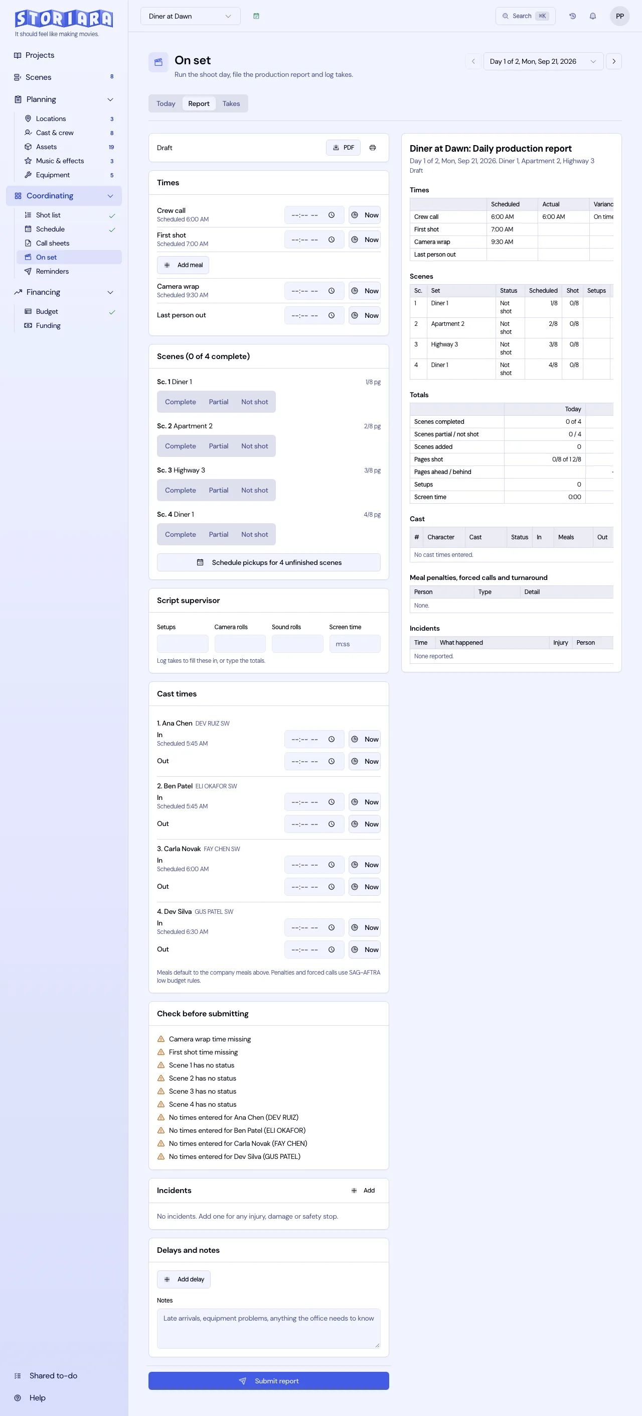 Screenshot: The daily production report with times and scene status