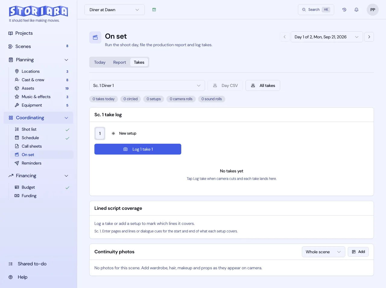 Screenshot: The take log with circled takes and setup letters